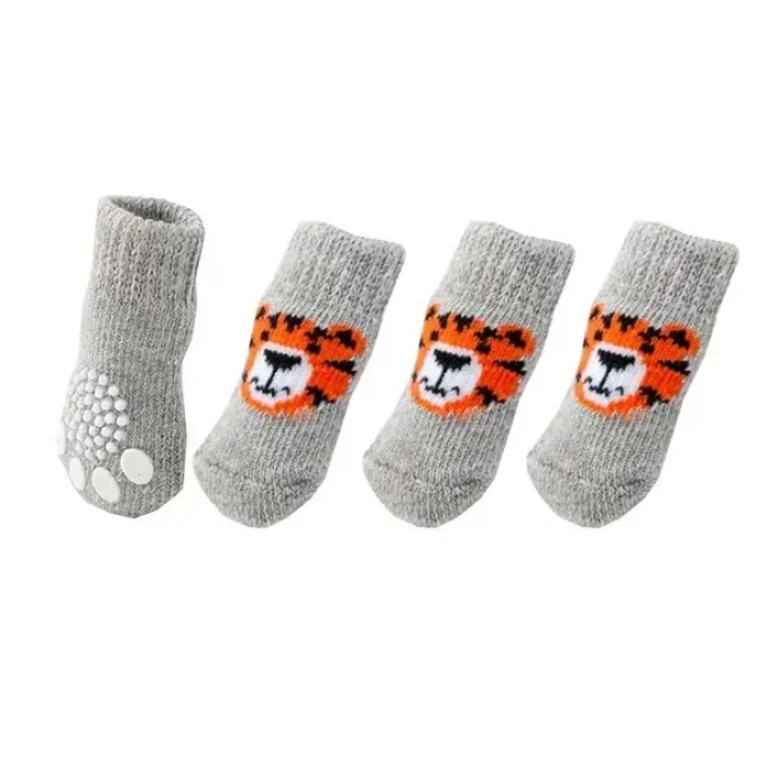 Носки с антискольжением для собак (4 шт) хлопок "Тигр", серые, размер 3