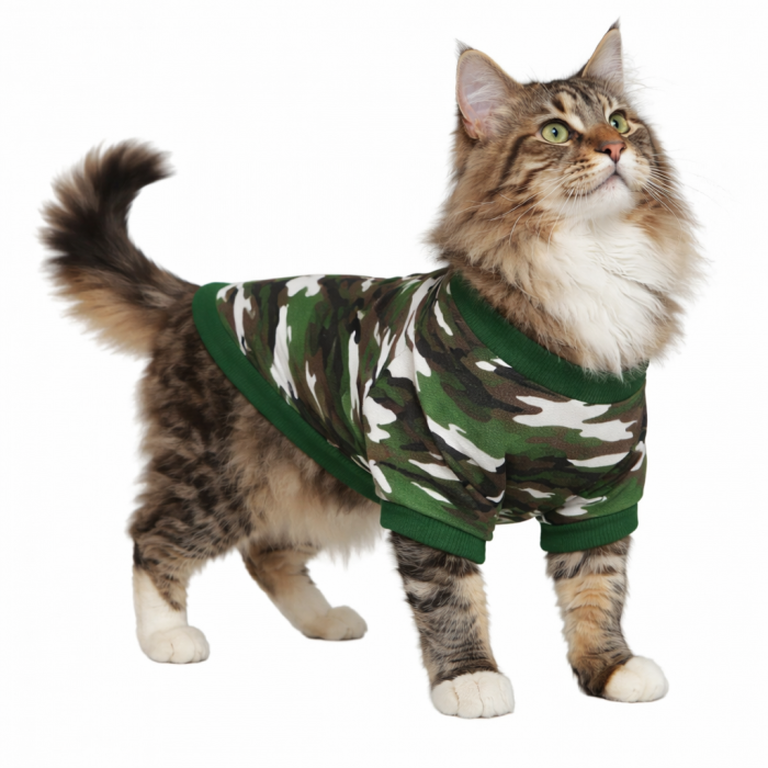 Летняя тактическая футболка для котов и кошек "Камуфляж", темно-зеленая, размер XS