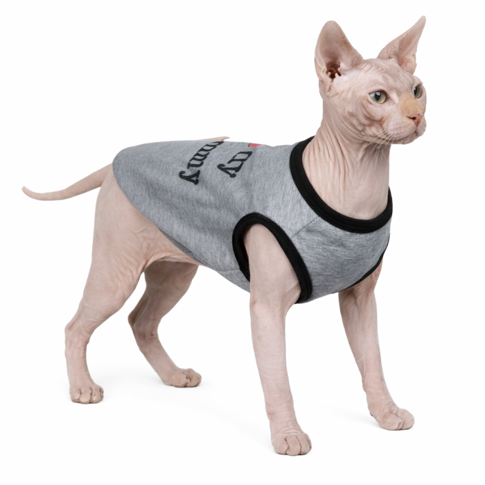 Тепла майка на флісі для котів та кішок "Я ЛЮБЛЮ СВОЮ МАМУ", сіра, розмір XS