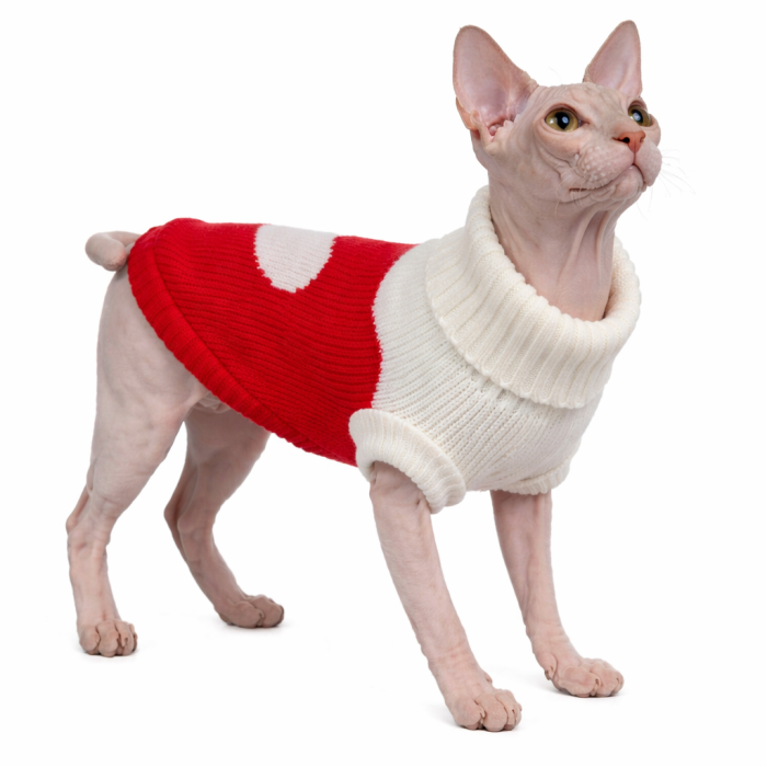 Теплий зимовий в'язаний акриловий светр для котів та кішок "Червоне серце", розмір XS