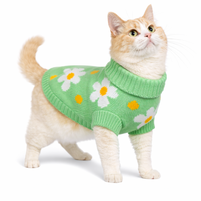 Теплый зимний вязаный акриловый свитер для котов и кошек "Зеленый цветок", размер XS