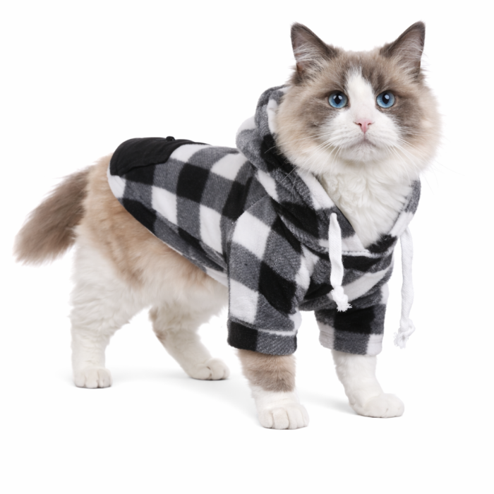 Осінній худі на флісі для котів та кішок з кишенею на блискавці "Sausage" Чорно-біла клітинка, розмір XS