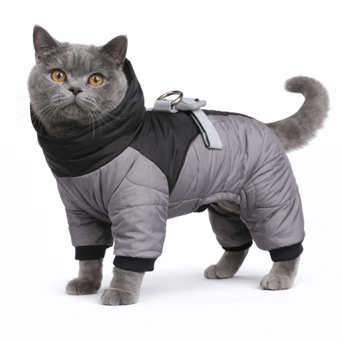Зимовий, теплий синтепоновий комбінезон для котів та кішок "DuoMM", сірий, розмір S