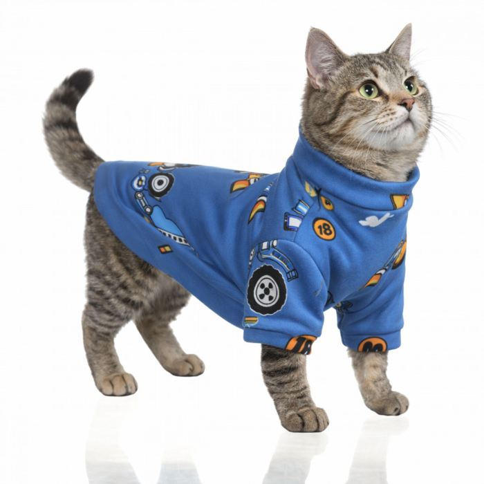 Осінньо-весняна футболка для котів та кішок на флісі "Трактор", синя, розмір XS