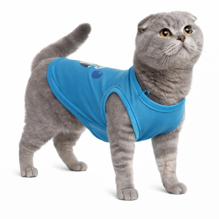 Літня тонка майка для котів та кішок "Монстр", блакитна, розмір L
