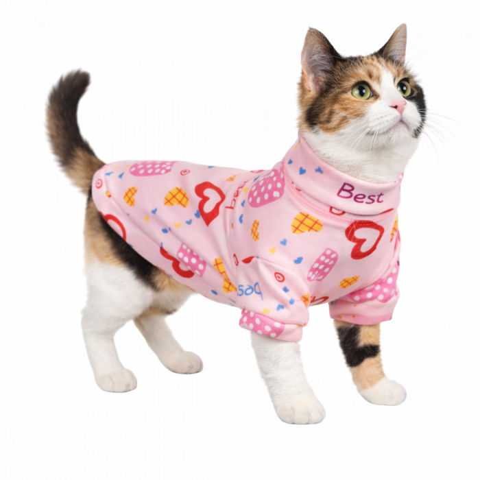 Осеннее-весенняя футболка для котов и кошек на флисе "Сердца", розовая, размер L