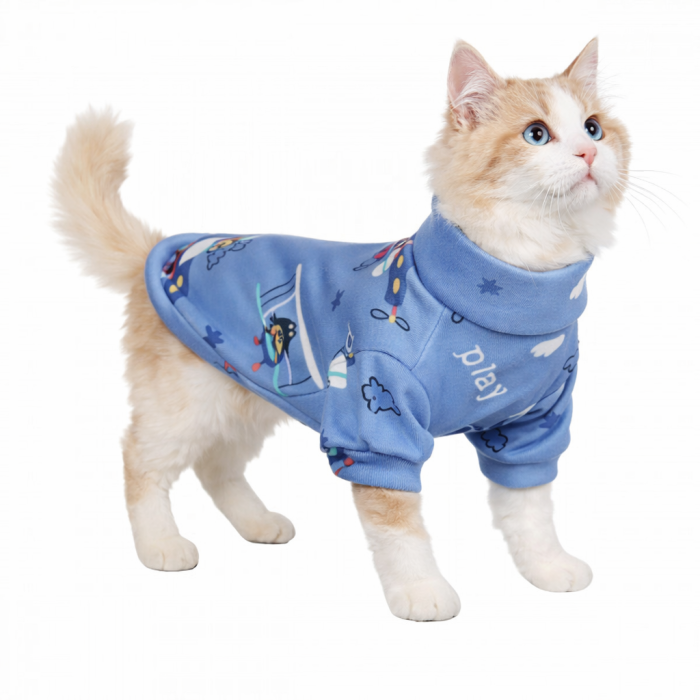 Осінньо-весняна футболка для котів та кішок на флісі "Літак", синя, розмір S