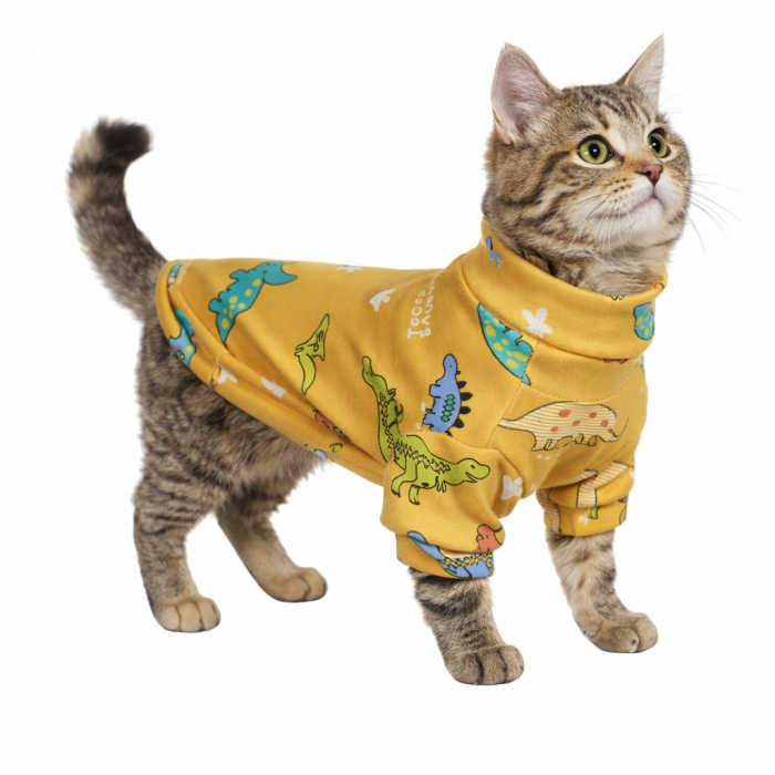 Осінньо-весняна футболка для котів та кішок на флісі "Динозавр", жовта, розмір L