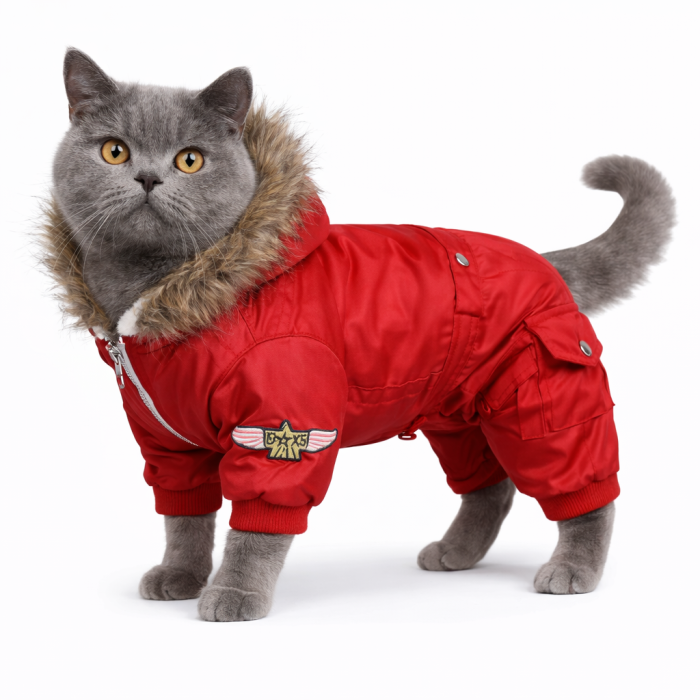 Зимовий теплий комбінезон для котів та кішок "USA", червоний, розмір M