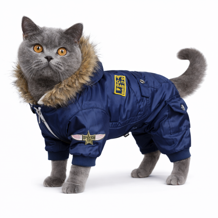 Зимний теплый комбинезон для котов и кошек "USA", синий, размер S