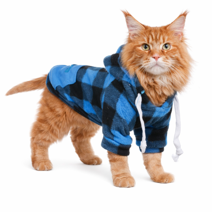 Осінній худі на флісі для котів та кішок з кишенею на блискавці "Sausage" Чорно-синя клітинка, розмір 5XL