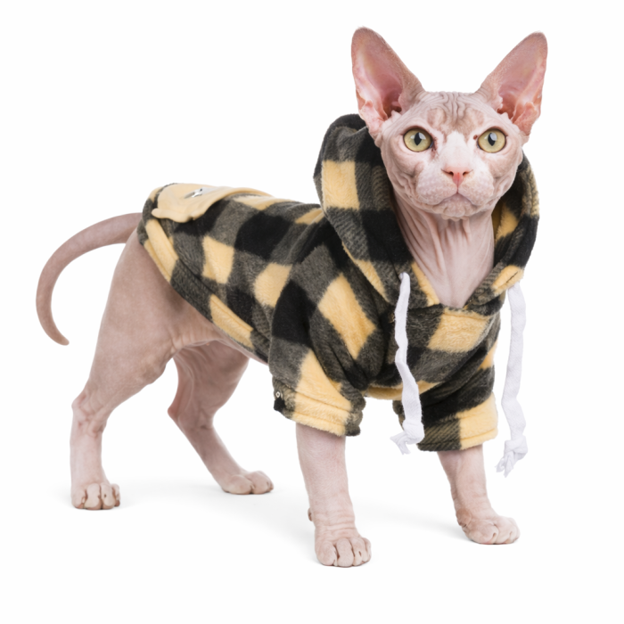 Осінній худі на флісі для котів та кішок з кишенею на блискавці "Sausage" Чорно-бежева клітинка, розмір XL