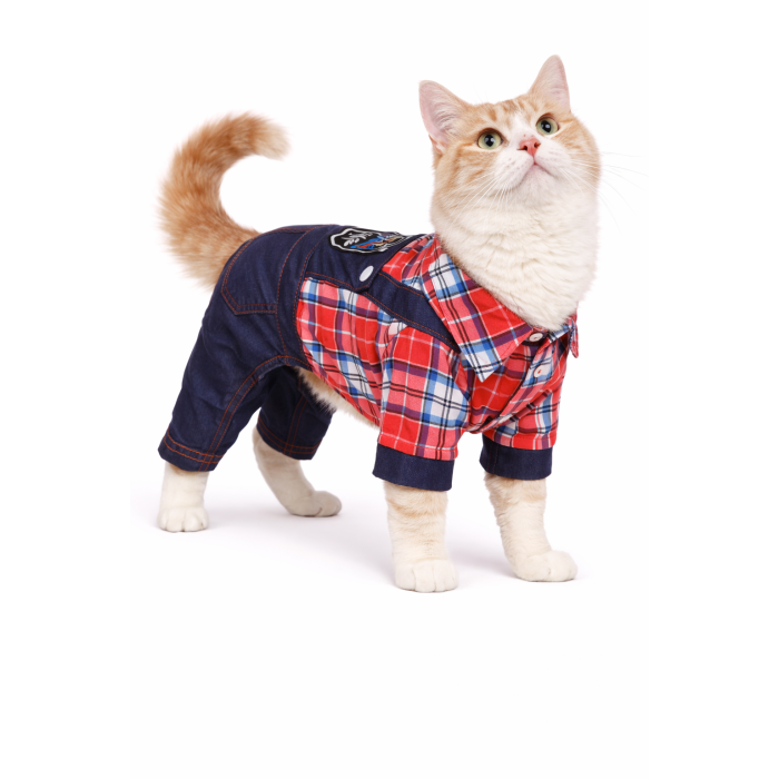 Летний джинсовый костюм для котов и кошек "Клетка", красный, размер S