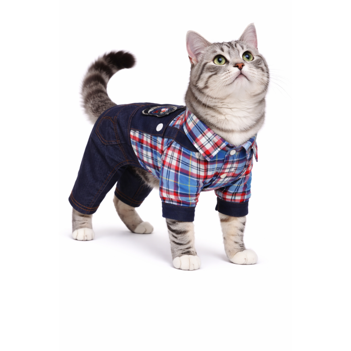 Літній джинсовий костюм для котів та кішок "Клітинка", синій, розмір XL