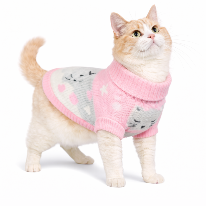 Теплый зимний вязаный акриловый свитер для котов и кошек "Розовый кролик", размер M