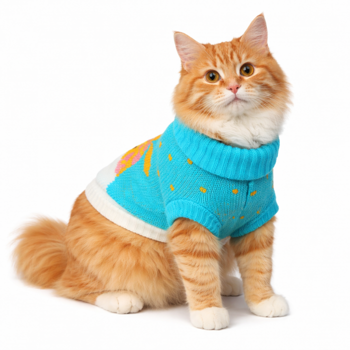 Теплый зимний вязаный акриловый свитер для котов и кошек "Голубой жираф", размер S