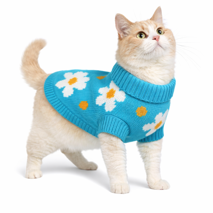 Теплый зимний вязаный акриловый свитер для котов и кошек "Голубой цветок", размер L