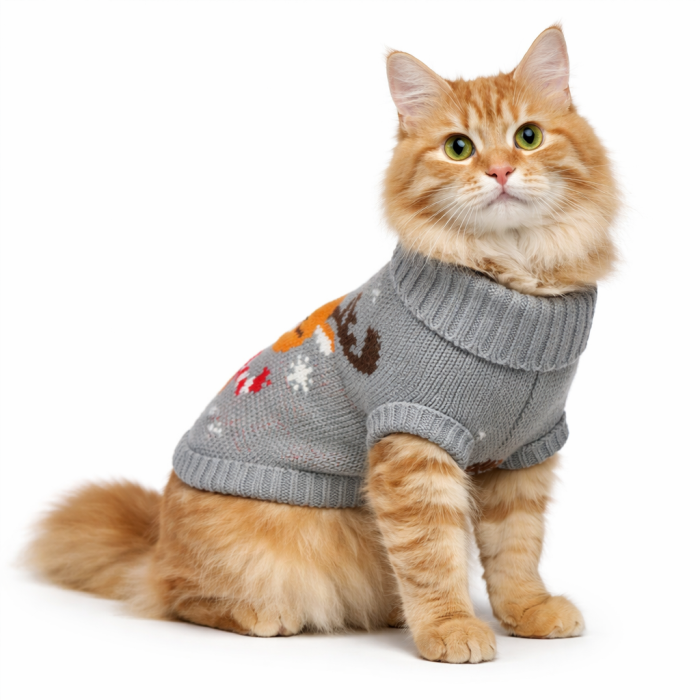 Теплый зимний вязаный акриловый свитер для котов и кошек "Серый лось", размер L