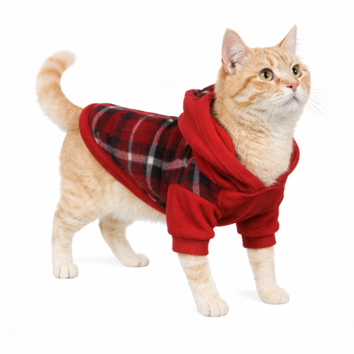 Осінньо-весняне тепле худі для котів та кішок з капюшоном на флісі "Клітинка", червоне, розмір L