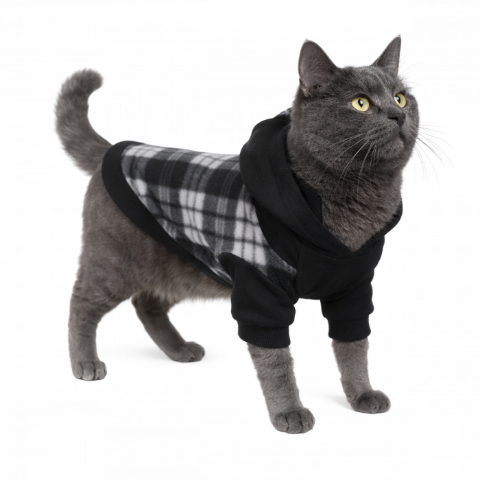 Осінньо-весняне тепле худі для котів та кішок з капюшоном на флісі "Клітинка", чорне, розмір L