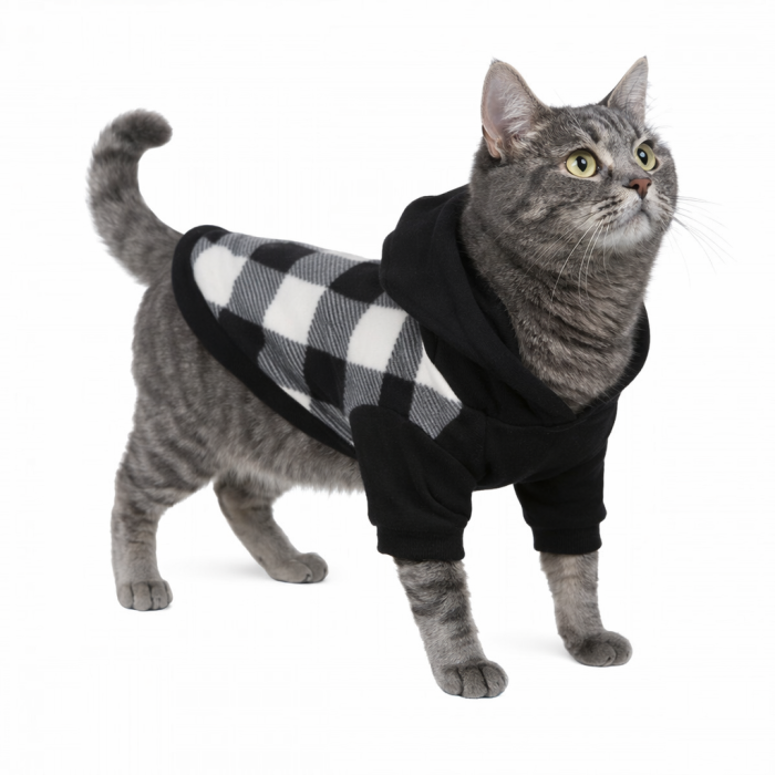 Осеннее-весеннее теплое худи для котов и кошек с капюшоном на флисе "Крупная клетка", черное, размер XL