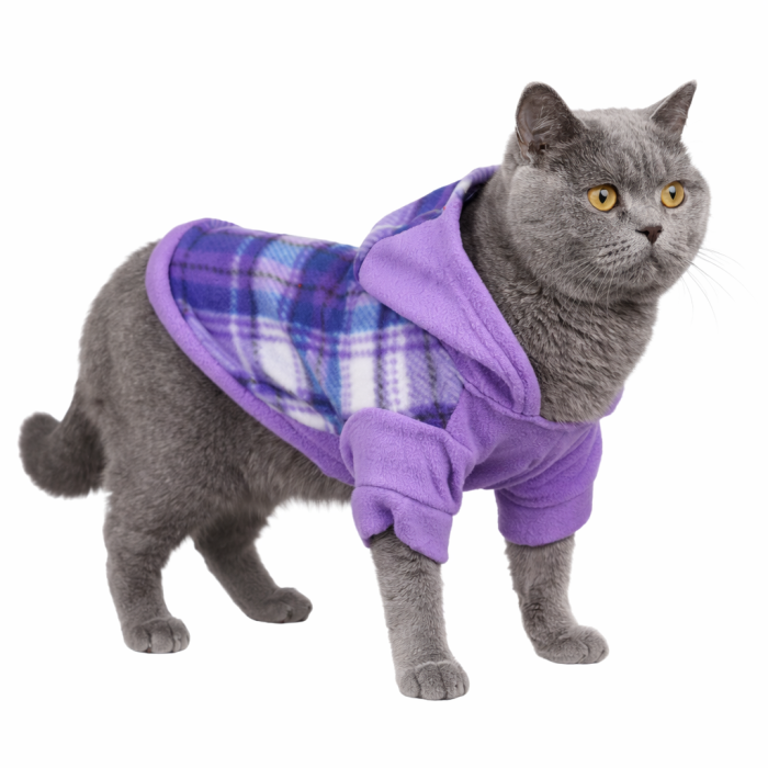 Осінньо-весняне тепле худі для котів та кішок з капюшоном на флісі "Велика клітинка", фіолетове, розмір XL