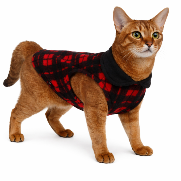 Осеннее-весенний жилет для котов и кошек с кольцом "Клетка", красно-черный, размер L