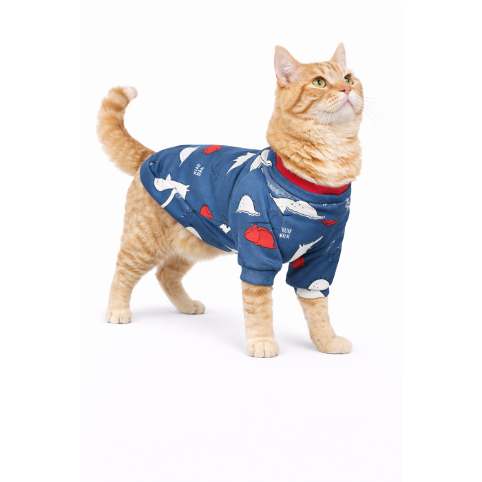 Осеннее-весенний пуловер для котов и кошек "Динозавры", синий, размер XL