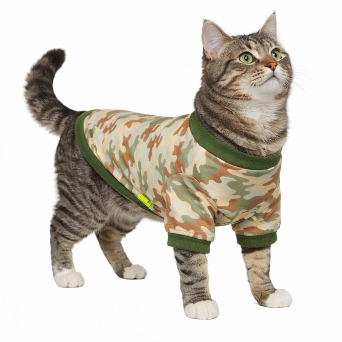 Летняя тактическая футболка для котов и кошек "Камуфляж", зеленая, размер L