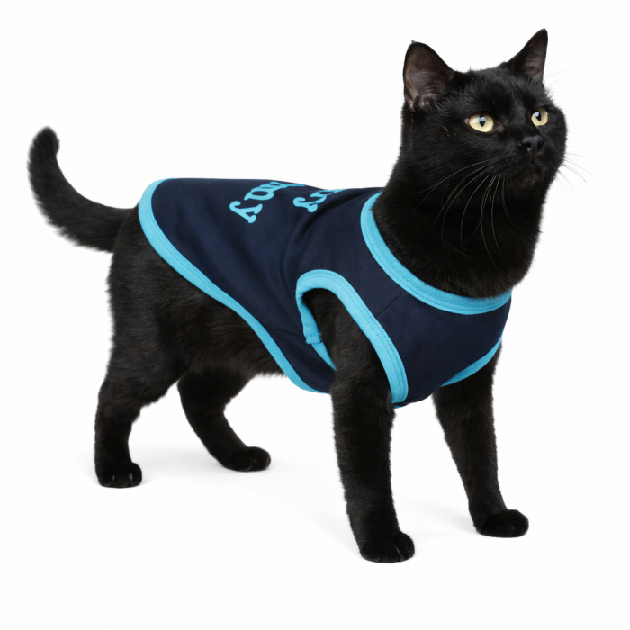 Теплая майка на флисе для котов и кошек "Я ЛЮБЛЮ СВОЮ МАМУ", темно-синяя, размер M