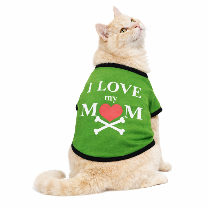 Летняя футболка для котов и кошек "Я люблю маму", зеленая, размер S