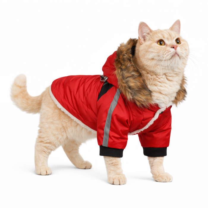Теплая зимняя курточка с капюшоном для котов и кошек "Jacket", красная, размер M