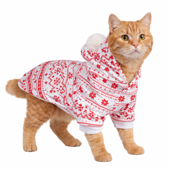 Теплое зимнее новогоднее худи для котов и кошек "Снежинка", красное, размер M