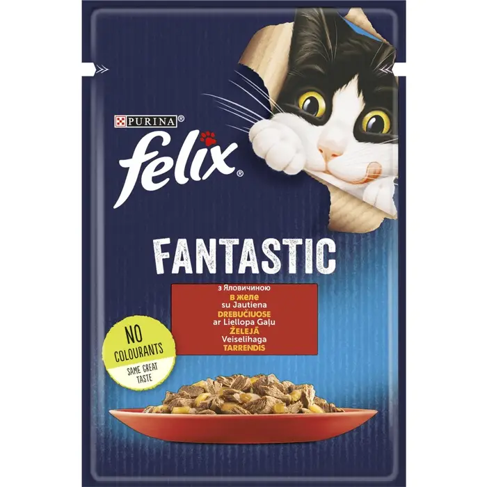 Блок (26 шт.) Влажный корм FELIX Fantastic для взрослых кошек, кусочки в желе, с говядиной, 85 г