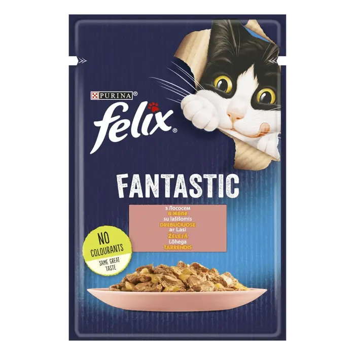 Блок (26 шт.) Влажный корм FELIX Fantastic для взрослых кошек, кусочки в желе, с лососем, 85 г