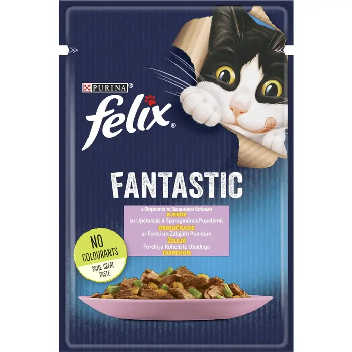 Блок (26 шт.) Вологий корм FELIX Fantastic для дорослих котів, шматочки в желе, з фореллю та зеленими бобами, 85 г