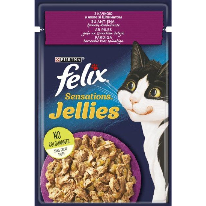 Блок (26 шт.) Вологий корм FELIX Sensations Jellies для дорослих котів, шматочки в желе, з качкою та шпинатом, 85 г