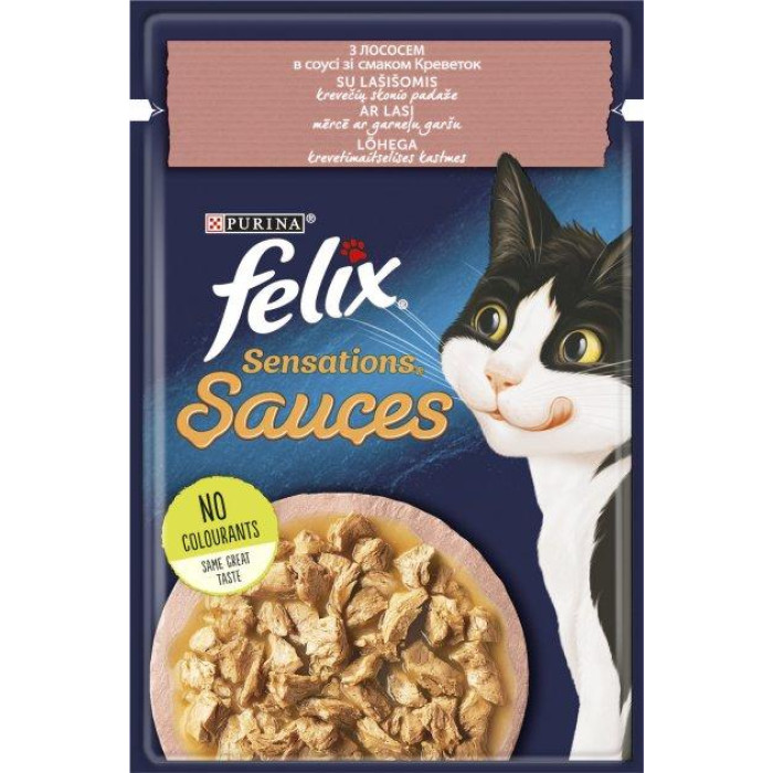 Блок (26 шт.) Влажный корм FELIX Sensations Sauces для взрослых кошек, кусочки, с лососем в соусе со вкусом креветок, 85 г