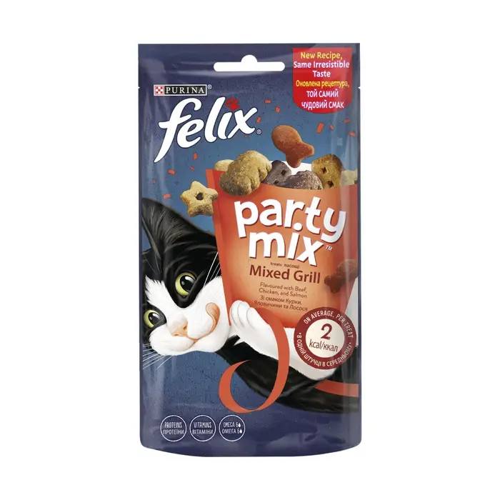 Блок (8 шт.) Ласощі FELIX Party Mix Гриль Мікс для дорослих котів, зі смаком курки, яловичини та лосося, 60 г