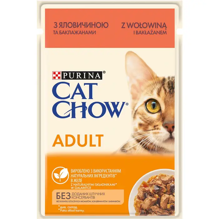 Блок (26 шт.) Влажный корм CAT CHOW Adult для взрослых кошек, кусочки в желе, с говядиной и баклажанами, 85 г