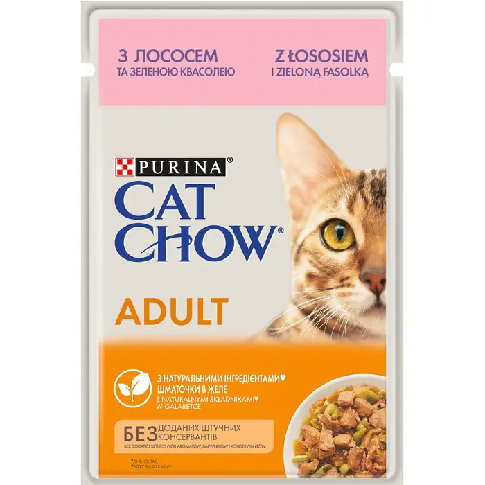 Блок (26 шт.) Влажный корм CAT CHOW Adult для взрослых кошек, кусочки в желе, с лососем и зеленой фасолью, 85 г