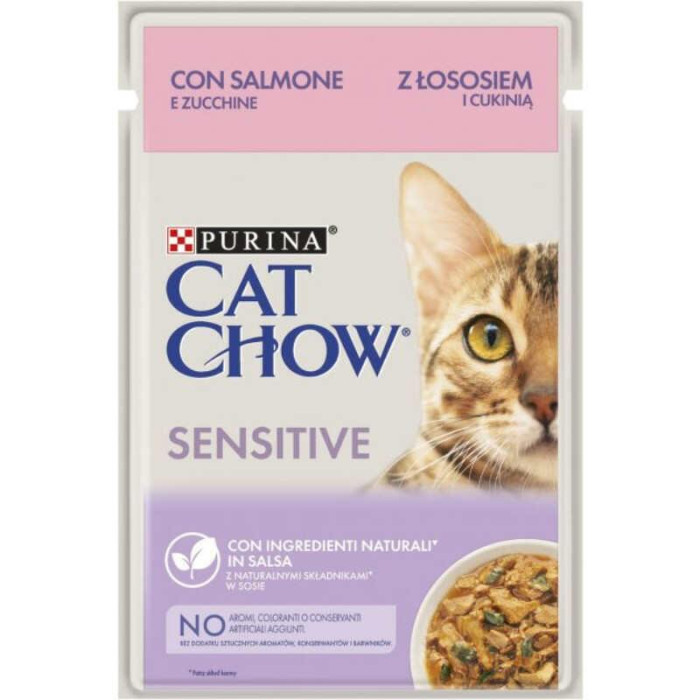 Блок (26 шт.) Вологий корм CAT CHOW Sensitive для дорослих котів із чутливою системою травлення, шматочки у підливці, з лососем та цукіні, 85 г