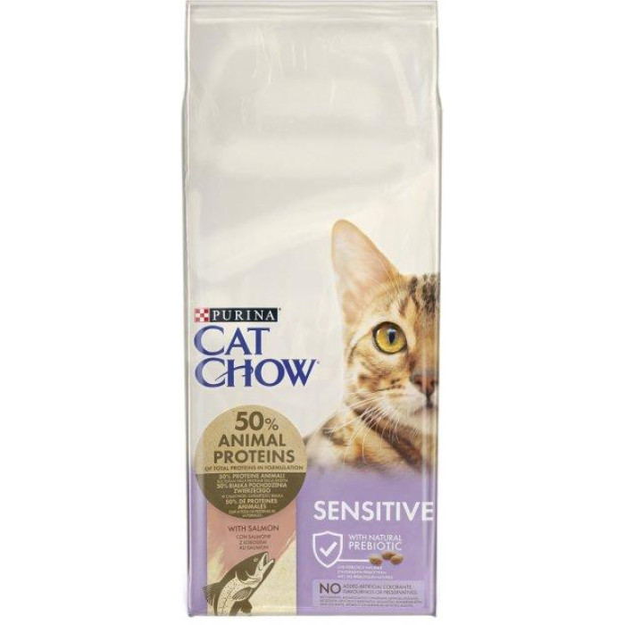 Сухой корм CAT CHOW Sensitive для взрослых кошек с чувствительной кожей и пищеварением, с лососем, 1.5 кг