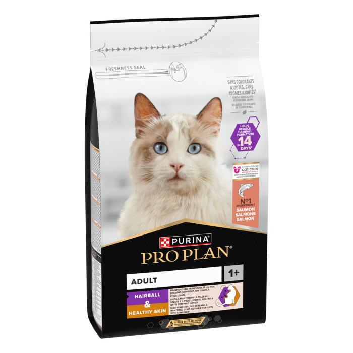 Сухий корм PRO PLAN Hairball & Healthy Skin для дорослих котів для зменшення утворення кульок шерсті у травному тракті та для підтримки здорової шкіри, з лососем, 1,5k кг