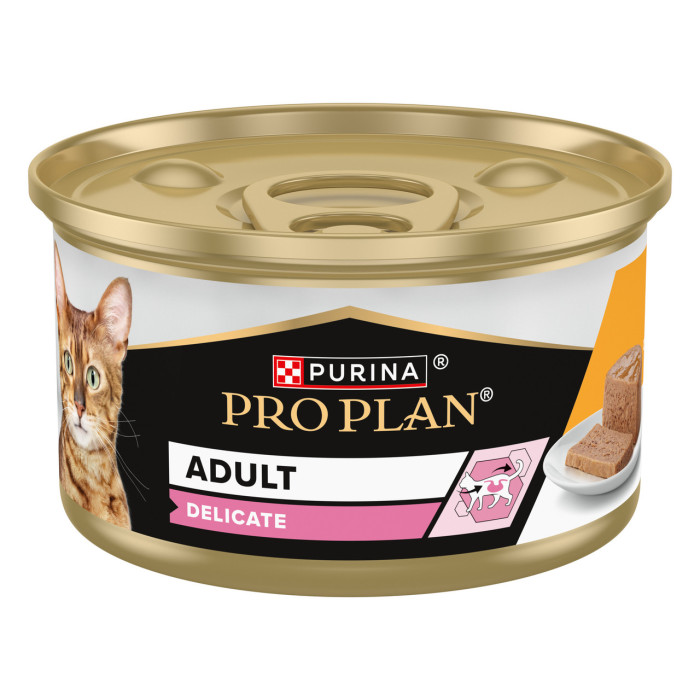 Блок (12 шт.) Вологий корм PRO PLAN Delicate (Делікет) для дорослих котів з чутливим травленням, мус, з куркою, 12х85 г