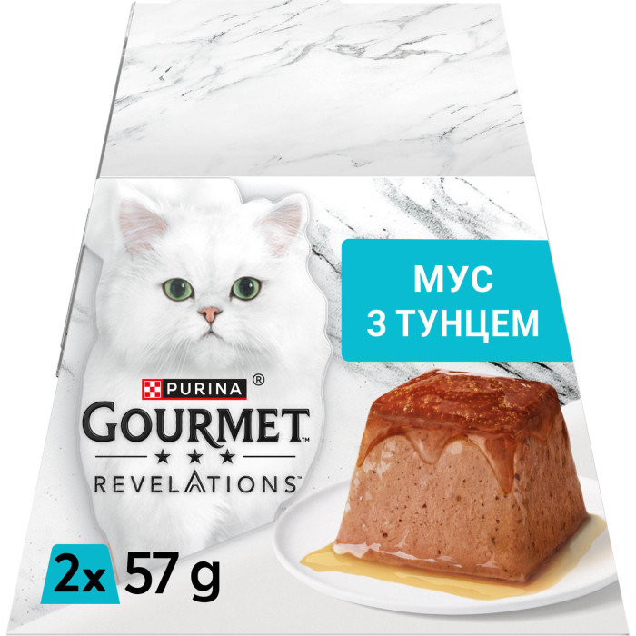 Блок (12 шт.) Влажный корм GOURMET Revelations для взрослых кошек, мусс с стекающей подливкой, с тунцом, 2x57 г