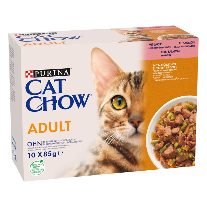 Блок (10 шт.) Вологий корм CAT CHOW Adult для дорослих котів, шматочки в желе, з лососем та зеленою квасолею, 10x85 г