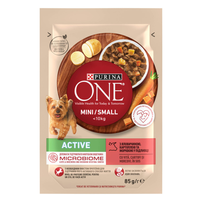 Блок (26 шт.) Вологий корм PURINA ONE Mini/Small < 10 кг/kg Active для дорослих собак малих порід, з підвищеною активністю, шматочки у підливці, з яловичиною, картоплею та морквою, 85 г