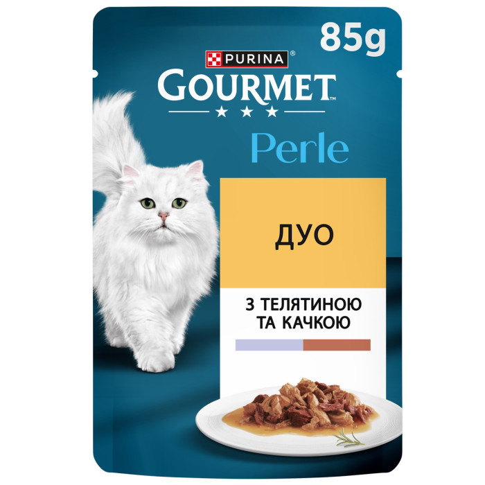Блок (26 шт.) Вологий корм GOURMET Perle Duo для дорослих котів, міні філе у підливці, з телятиною та качкою, 85 г