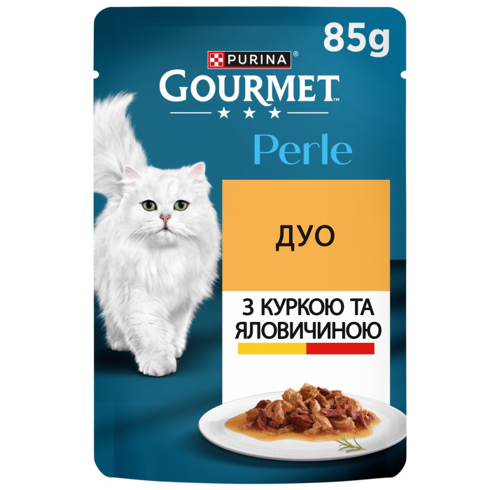 Блок (26 шт.) Влажный корм GOURMET Perle Duo для взрослых кошек, мини-филе в подливе, с курицей и говядиной, 85 г